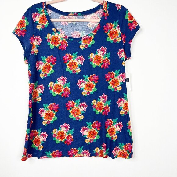 2/$30 NWT GAP Floral Print Short Sleeve Tee Boat Neck Blue Large #8869 - Picture 1 of 6